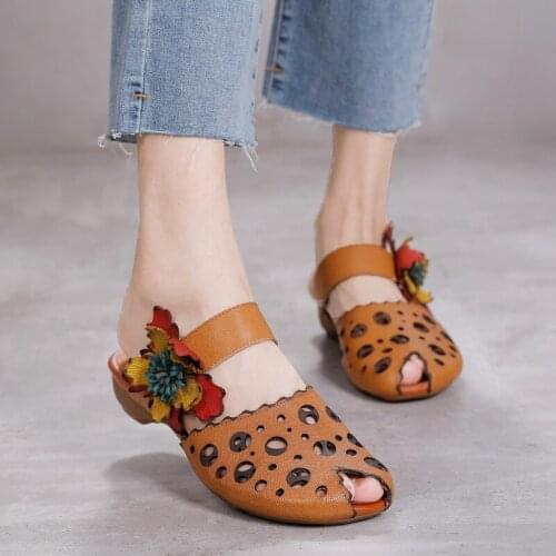 YourSeason Ladies Genuine Leather Shoes 2021 Summer Outside Slides Flat With Handmade Women Floral Leisure Slippers