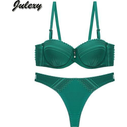 Julexy New 2020 sexy thong bra set Womens solid color lace women underwear set B C cup bra and panty set