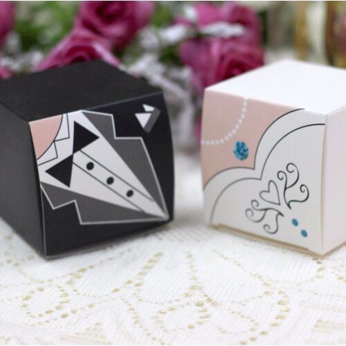 100Pcs/50 Pairs On Sale Tuxedo Bride & Groom Wedding favor Candy Boxes Square Paper Boxes Gift Boxes