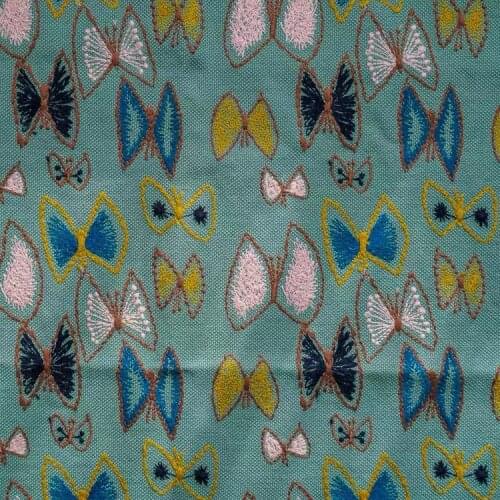 120cm width Thick butterfly pattern cotton linen Light blue back DIY manual embroidery fabric clothing fabric clothing bag sofa