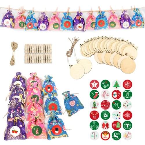 Behogar 24pcs Christmas Sacks Drawstring Pouch Bags with 24 Days Countdown Stickers Wooden Tags for Xmas Goodies Party Gifts
