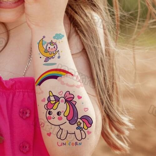 Watercolour Rainbow Unicorn Temporary Tattoos For Child Kids Face Neck Girl Boy Daughter Fake Tatoos Sticker Moon Small Arm