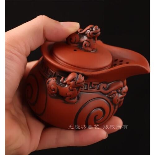 Authentic hand holding pot red sand pot four foot antique single pot, one person making tea pot, auspicious cup, 160ml