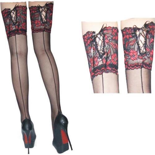 Womens Sexy 15cm Wide Lace Top Back Seam Sheer Pin Up Girl Thigh High Stockings Erotic Lingerie 2 Colors Available