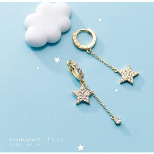 COLUSIWEI Real 925 Sterling Silver Twinkle Star Asymmetry Hoop Earring for Women Luxury Wedding Engagement Statement Jewelry