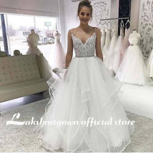 Elegant V Neck Princess Tulle Wedding Dresses 2020 Sequined Appliques Bridal Gowns Beach Wedding Dress Cheap