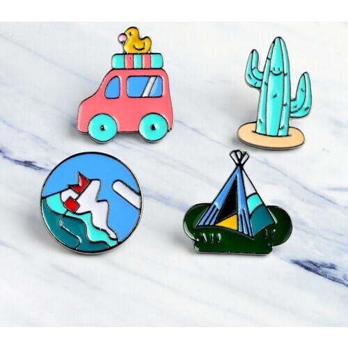 Go Camping Enamel Pins Tree Tent Mountain Car Badges Brooches Lapel Pin For Shirt Bags Cartoon Jewelry Gift for Kids Friends