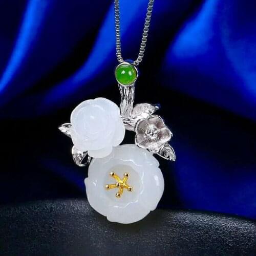 Hetian Baiyu Silver Inlay Pendant White Jade Flower Pendant h7