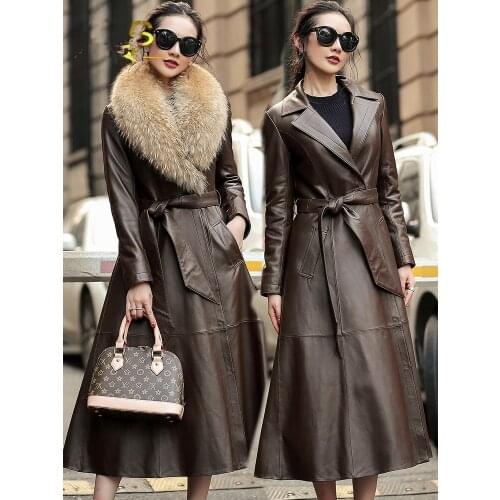 Leather Jacket Winter Coat Women Long Down Jacket Real Raccoon Fur Collar Genuine Sheepskin Coat Female Windbreaker MY