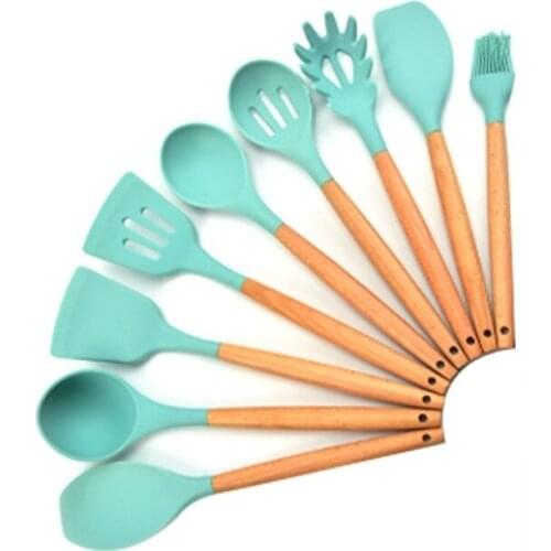 Cooking Spatula Tool Wooden Handle Silicone Kitchenware 9 Piece Set Beech Wood Baking Sets