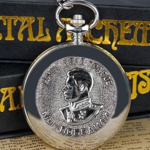 Quartz Pocket Watches Portrait of Stalin of Russias Leader Necklace Chain Pendant Silver Pocket Watches Gifts for Men Women