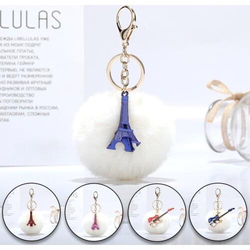 Cute Fur Key Chain Guitar Violin Tower Ornaments Fake Fur Ball Key Chain Fluffy Pompom Key Chain Bag Ornaments Key Chain