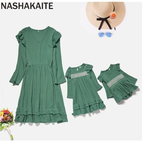 NASHAKAITE Mom and daughter dress 2020 Green Lace 100% Cotton Dress Mother and Daughter Clothes Family matching clothes