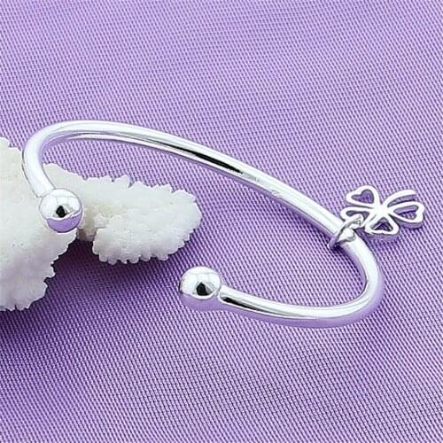 New 925 Sliver 4MM Cuff Four-Leaf Clover Bangle Fashion Jewelry For Women&Girls Trendy Wedding Anniversary Delicate Gift