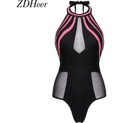 New Womens Mesh Patchwork Swimwear Halter Neck Sleeveless Backless Summer Beach Swimsuit Monokini Bathing Suit