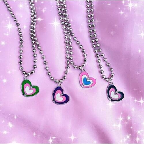 Pink heart pendant necklace for teenage egirls ball chain candy love necklace green purple black jewelry club party y2k jewelry