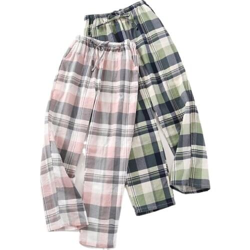 Couple Sleep Pants for Men and Women Spring and Autumn Plaid Design Cotton Long Trousers Loose Home Wear Pants Pajama Bottoms