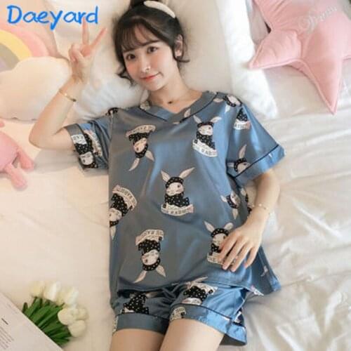 Daeyard Fashion Spring Summer Faux Silk Pajamas Set Women Cute Cartoon Print Homewear Sexy V-Neck Short Sleeve Sleepwear Pijama