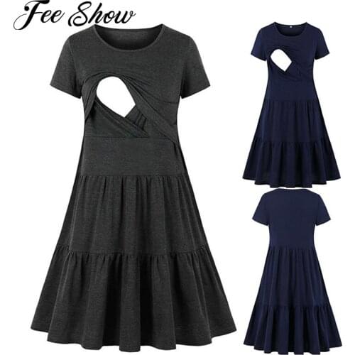 Maternity Dresses Nursing Nightgown Pleated Dress Pregnancy Short Sleeve Breastfeeding Clothes For Pregnant Women Sleepwear