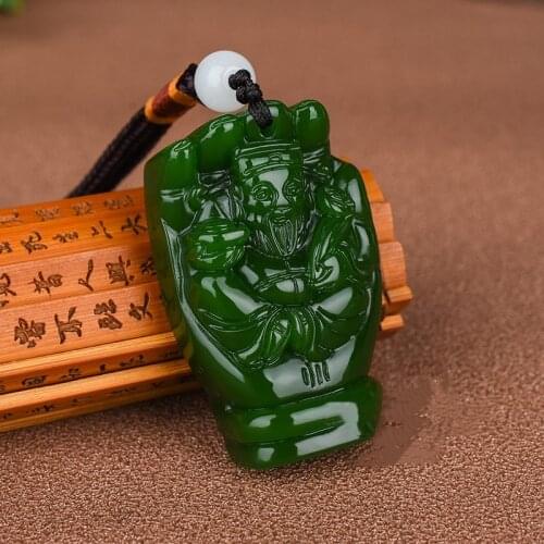 Natural green hand carved God of wealth jade pendant fashion jewelry mens and womens bergamot Laicai Necklace Gift Accessories