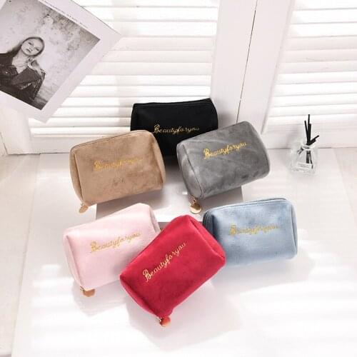 Portable Embroidery Make Up Bag For Women Pure Color Velvet Zipper Travel Cosmetic Bag Female High-capacity Storage Bags