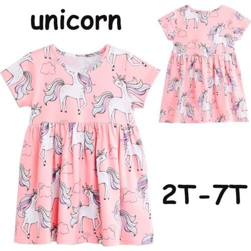 Selling 2021 Unicorn Floral Print Pink Dress Cotton Short Sleeve Dress Summer Girls Tops Dresses Baby Girls Clothes Dress Kids