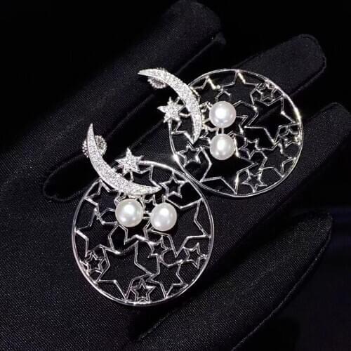 Natural fresh water pearl stud earring 925 sterling silver with cubic zircon moon and star earring fine women jewelry