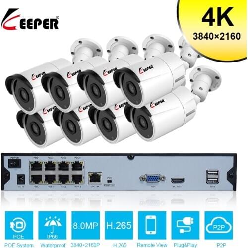 Keeper 8CH 4K Ultra HD POE Network Video Security System 8MP H.265+ NVR With 8pcs 8MP Weatherproof IP Camera CCTV Security Kit