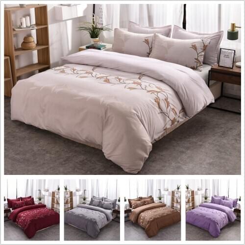 Solid embroidered blossom duvet cover set king queen double twin single size bed linen set