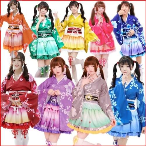 Traditional Japanese Lolita Anime Cosplay Costume Kimono Dress for Women Sakura Yukata Tutu Kawaii Girl Haori Party Stage Outfit