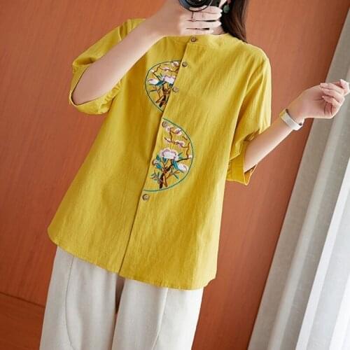 Vintage Cotton Linen Thin Plus Size Printed Hanfu Female Elegant Tops Spring Summer Women Casual Loose Chinese Style Blouse