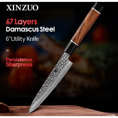 XINZUO 6" inch Damascus Steel Utility Knife North America Desert Ironwood Handle Japanese VG-10 Peeling Fruit Kitchen Knives
