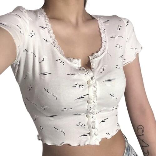 Women Summer Short-sleeved Top Korean Fashion Printed Single-breasted Slim Fit Exposed Navel T-shirt