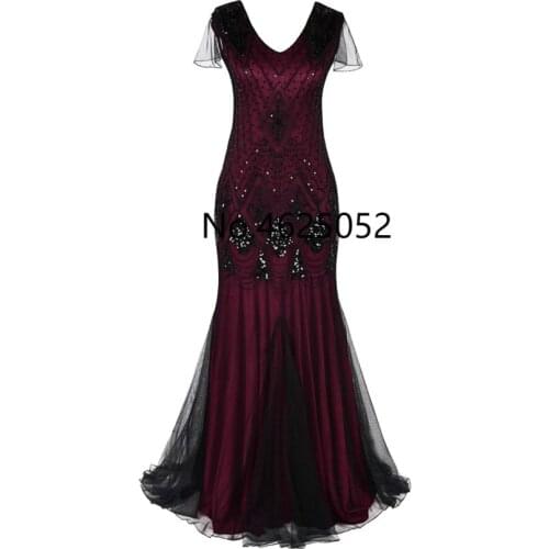 Women 1920s Great Gatsby Dress Long 20s Flapper Dress Vintage V Neck Short Sleeve Maxi Party Dress for Prom Cocktail