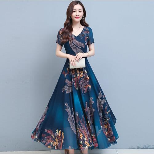 Chiffon dress women 2020 summer V-neck short-sleeved flower long dress ladies vintage thin big swing dress high quality