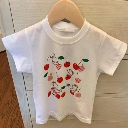 2021baby girl Summer t-shirt for kids cute cotton bear cherry pattern girls white printed white tees