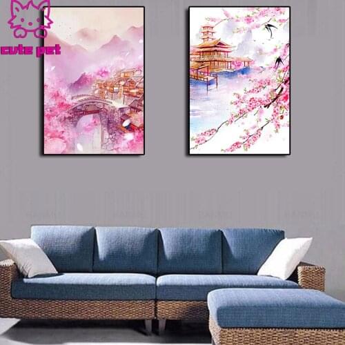 Diy diamond mosaic Pink flower Diamond Painting Classical house Full Square Diamond Painting Rhinestones Handicraft Decor 2PCS