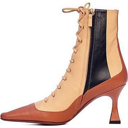 Fashion Square Toe Wome Booties Lace Up Strange Heel Patchwork Ankle Boots Zipper Medium Heels New Arrivals In Stock Fall Shoes