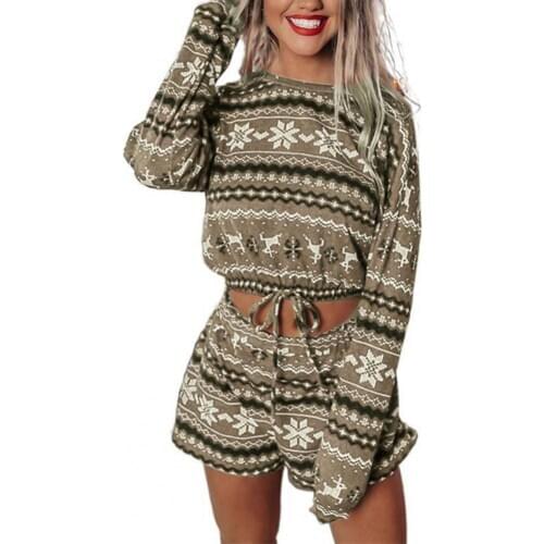 Women Snowflake Print Long Sleeve O-neck Tops Shorts Christmas Pajama Homewear Tops Shorts