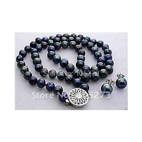 Elegant! Pearl jewelry set AA 7-8MM Black color Genuine freshwater pearl necklace +earring womans jewelry Free shipping NF172