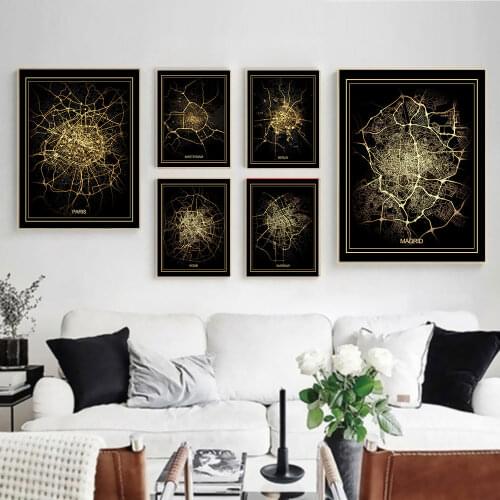 City Light Map Poster Black Gold Canvas Painting Minimalist Line Art Print Nordic Modern Wall Picture For Living Room Home Decor