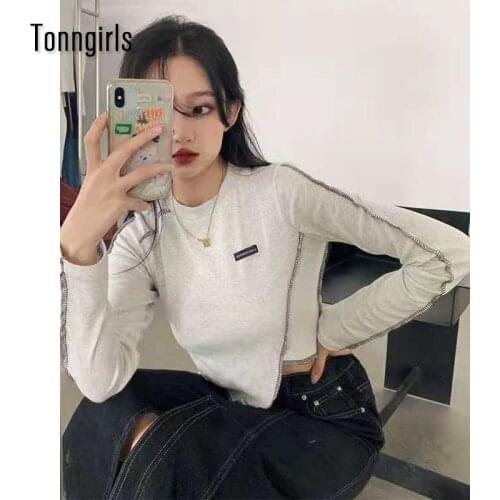 Tonngirls Patchwork Irregular Crop Top Women Bright Lines Asymmetric T-shirts Sexy Slim Fit Ladies All-match Tshirts Streetwear