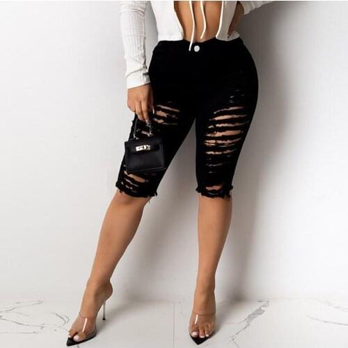 Summer Womens Knee Length Shorts Fashion Slim High Waist Hollow Out Ripped Short Jeans Woman Stretch Skinny Black Jeans Shorts