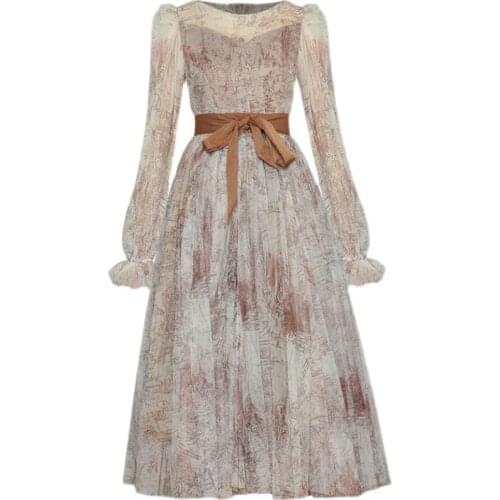 Runway Designer High Quality 2021 New WomenS Fashion Party Casual Vintage Elegant Chic Girls Printed Mesh Ball Gown Midi Dress