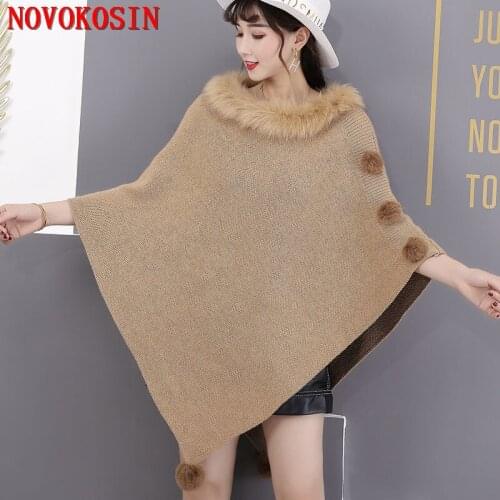 5 Colors 2020 New Fashion Poncho Women Warm Winter Faux Fox Fur Collar Cape Warm Knitted Ladies Fur Ball Triangle Black Cloak