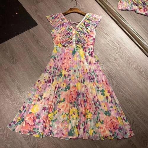 New printed pleated dress beach young women dress romantic