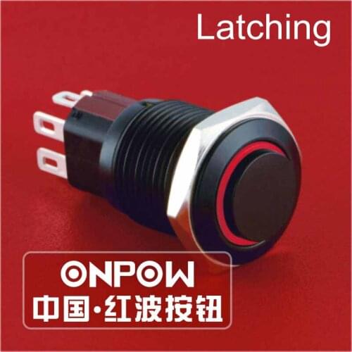 ONPOW 16mm High round IP65 Latching 6V,12V,24V Ring LED Black Anti-vandal Push Button Switch (GQ16-KH-11ZE/J/A) CE,ROHS