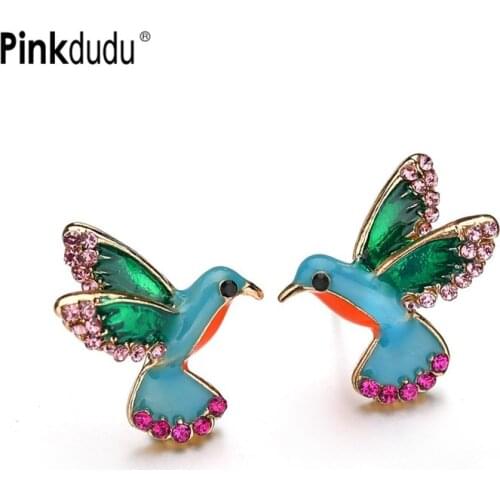 Pinkdudu Fashion Green Rhinestone Animal Stud Earring Vintage Blue Enamel Bird Stud Earrings for Women Jewelry Accessories OG180