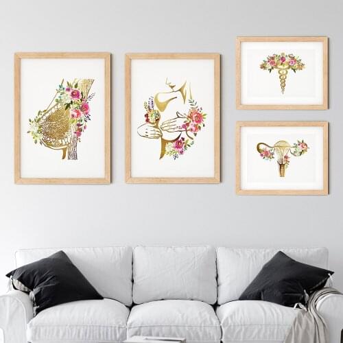 Breast anatomy floral print poster breast canvas painting bohemian wall painting medical school midwife doctor office decoration
