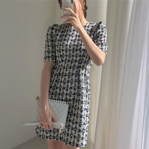 Womens Summer Dresses Fashionable High Waist Puff Sleeve Plaid Knitted Elegant Party Dresses Checkered Vintage Dress Women 2021